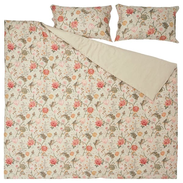 Ikea NÄSSELKLOCKA - Duvet cover and 2 pillowcases, light grey-beige/multicolour, 240x220/50x80 cm