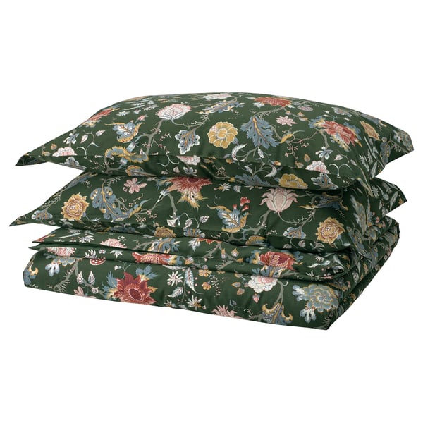 NÄSSELKLOCKA - NÄSSELKLOCKA Duvet cover and 2 pillowcases, dark grey-green/multicolour, 240x220/50x80 cm