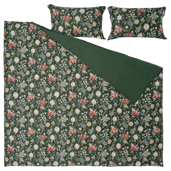 Ikea NÄSSELKLOCKA - Duvet cover and 2 pillowcases, dark grey-green/multicolour, 240x220/50x80 cm