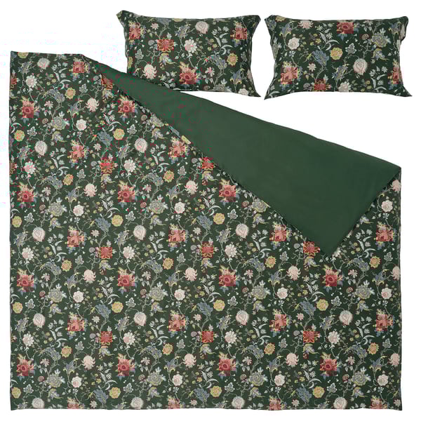 NÄSSELKLOCKA - NÄSSELKLOCKA Duvet cover and 2 pillowcases, dark grey-green/multicolour, 240x220/50x80 cm