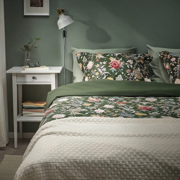 Ikea NÄSSELKLOCKA - Duvet cover and 2 pillowcases, dark grey-green/multicolour, 240x220/50x80 cm
