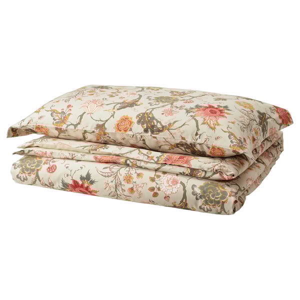 NÄSSELKLOCKA - NÄSSELKLOCKA Duvet cover and pillowcase, light grey-beige/multicolour, 150x200/50x80 cm