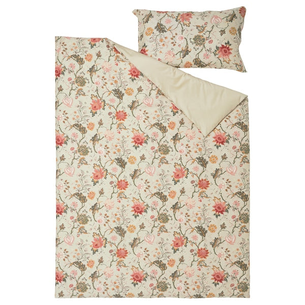 NÄSSELKLOCKA - Duvet cover and pillowcase, light grey-beige/multicolour, 150x200/50x80 cm