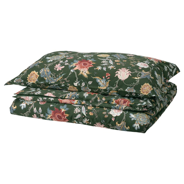 NÄSSELKLOCKA duvet cover and pillowcase, dark grey-green/multicolour, 150x200/50x80 cm