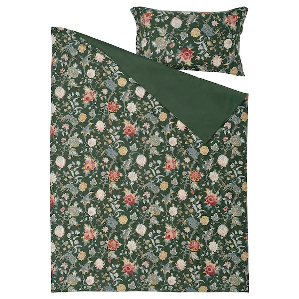 NÄSSELKLOCKA - Duvet cover and pillowcase, dark grey-green/multicolour, 150x200/50x80 cm