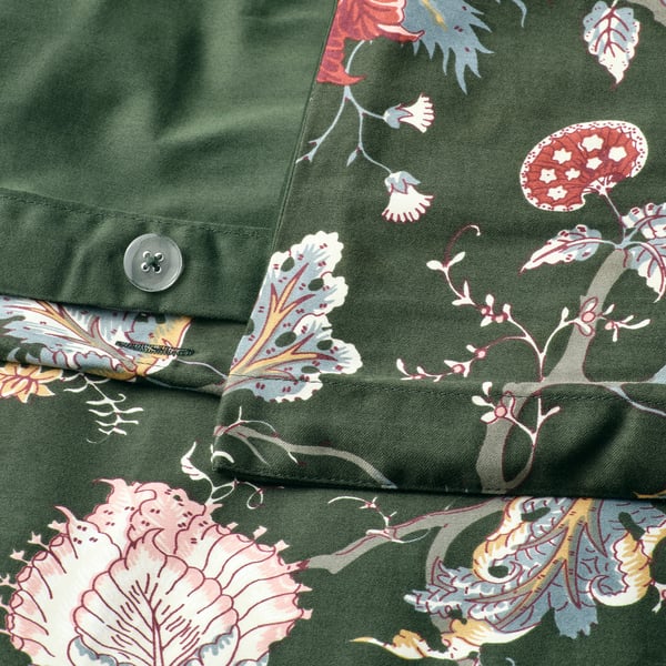 NÄSSELKLOCKA duvet cover and pillowcase, dark grey-green/multicolour, 150x200/50x80 cm
