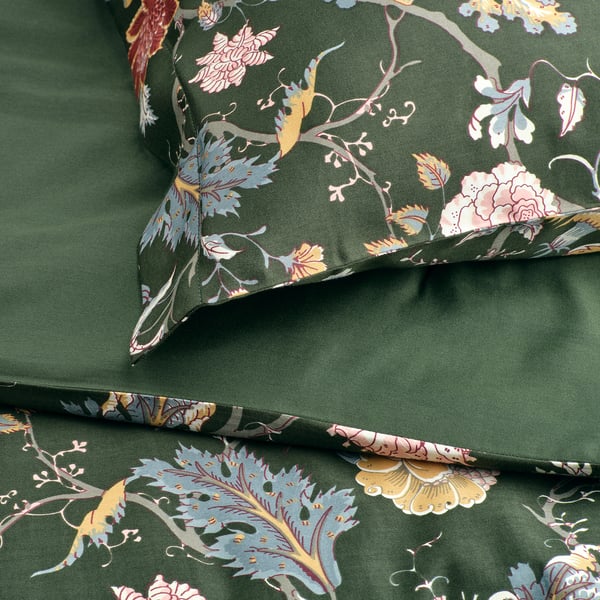 NÄSSELKLOCKA duvet cover and pillowcase, dark grey-green/multicolour, 150x200/50x80 cm