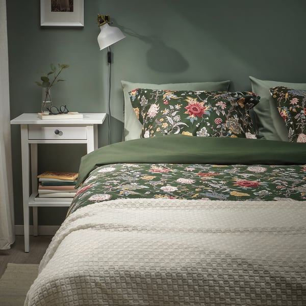 NÄSSELKLOCKA duvet cover and pillowcase, dark grey-green/multicolour, 150x200/50x80 cm