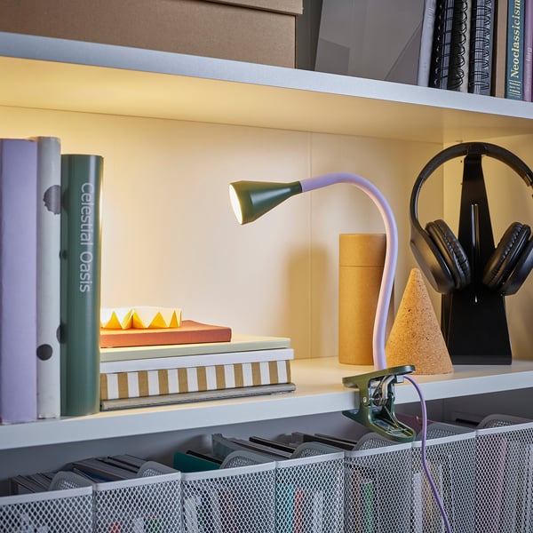 NÄVLINGE LED clamp spotlight, lilac/dark green, 34 cm