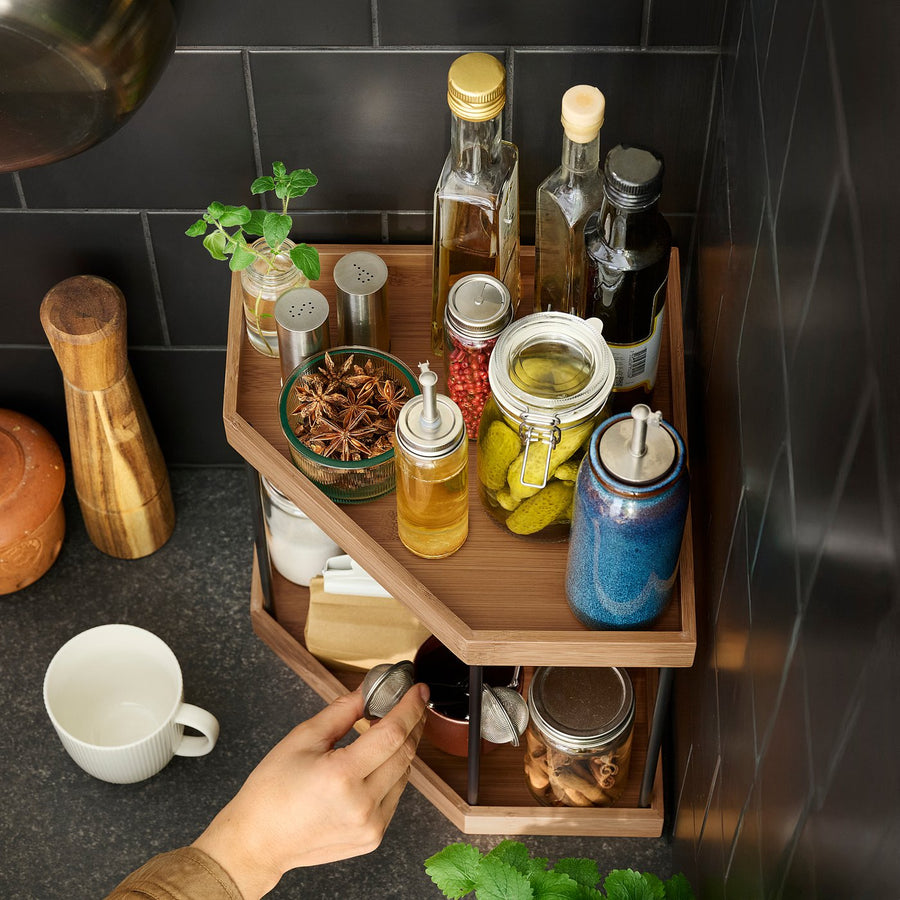 NÅLBLECKA corner shelf, metal/bamboo for kitchen countertop, 28x28x28 cm