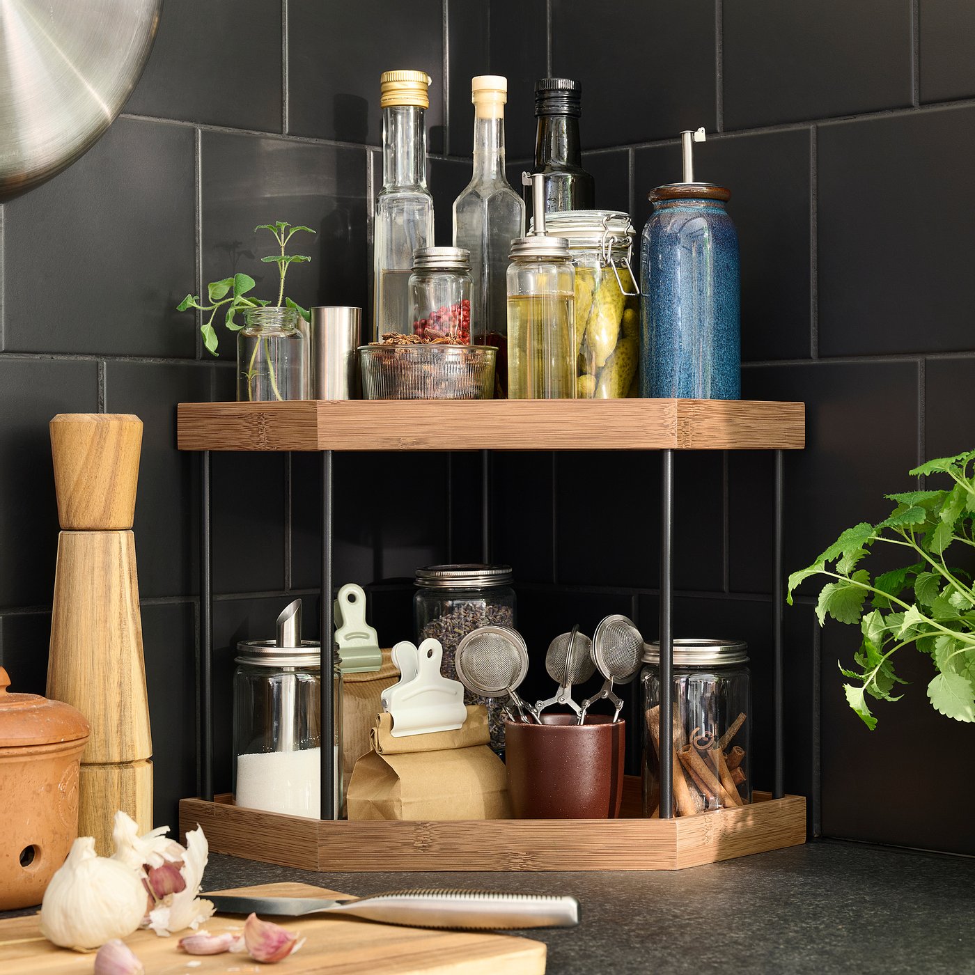 NÅLBLECKA corner shelf, metal/bamboo for kitchen countertop, 28x28x28 cm