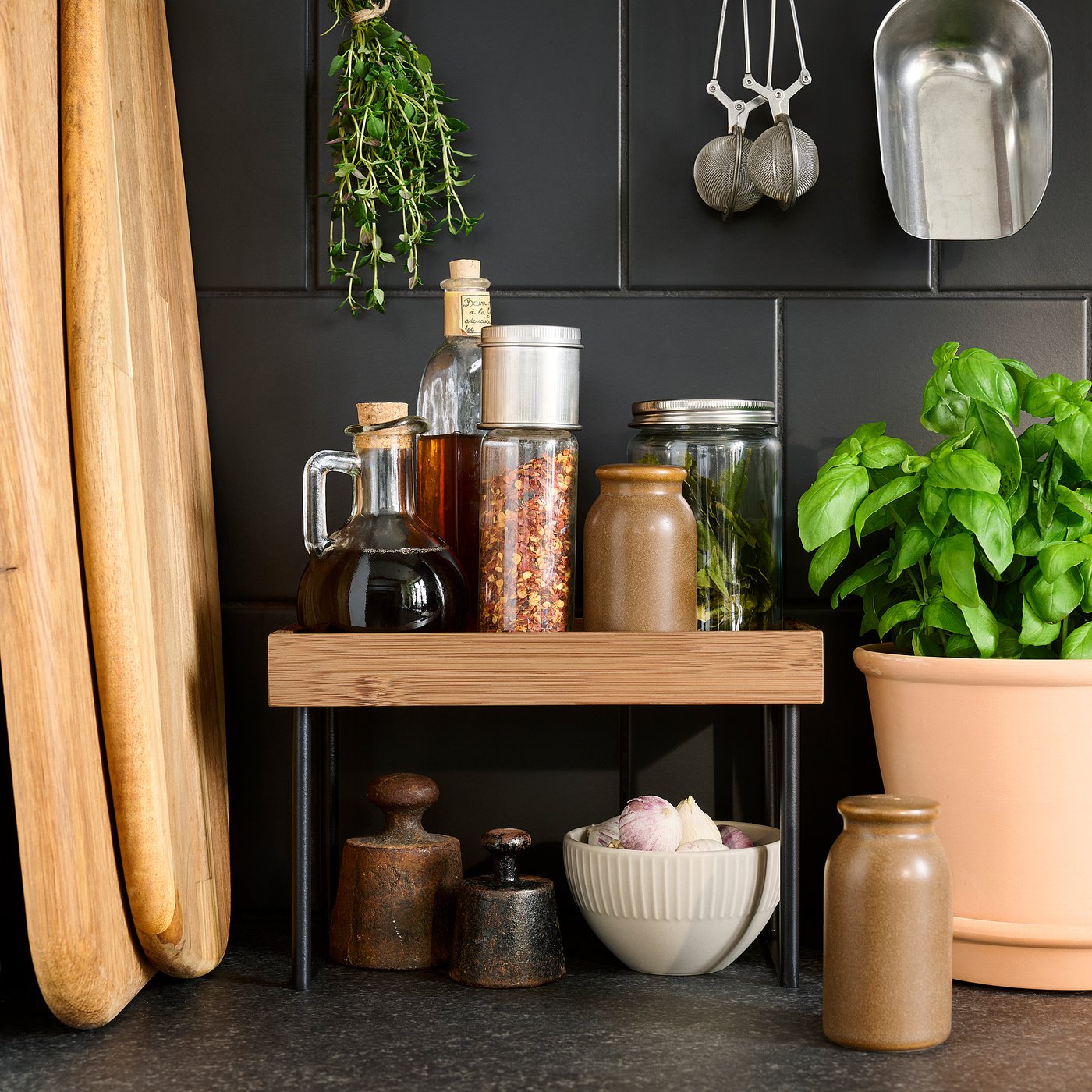 NÅLBLECKA kitchen countertop organiser, metal/bamboo, 23x15x13 cm