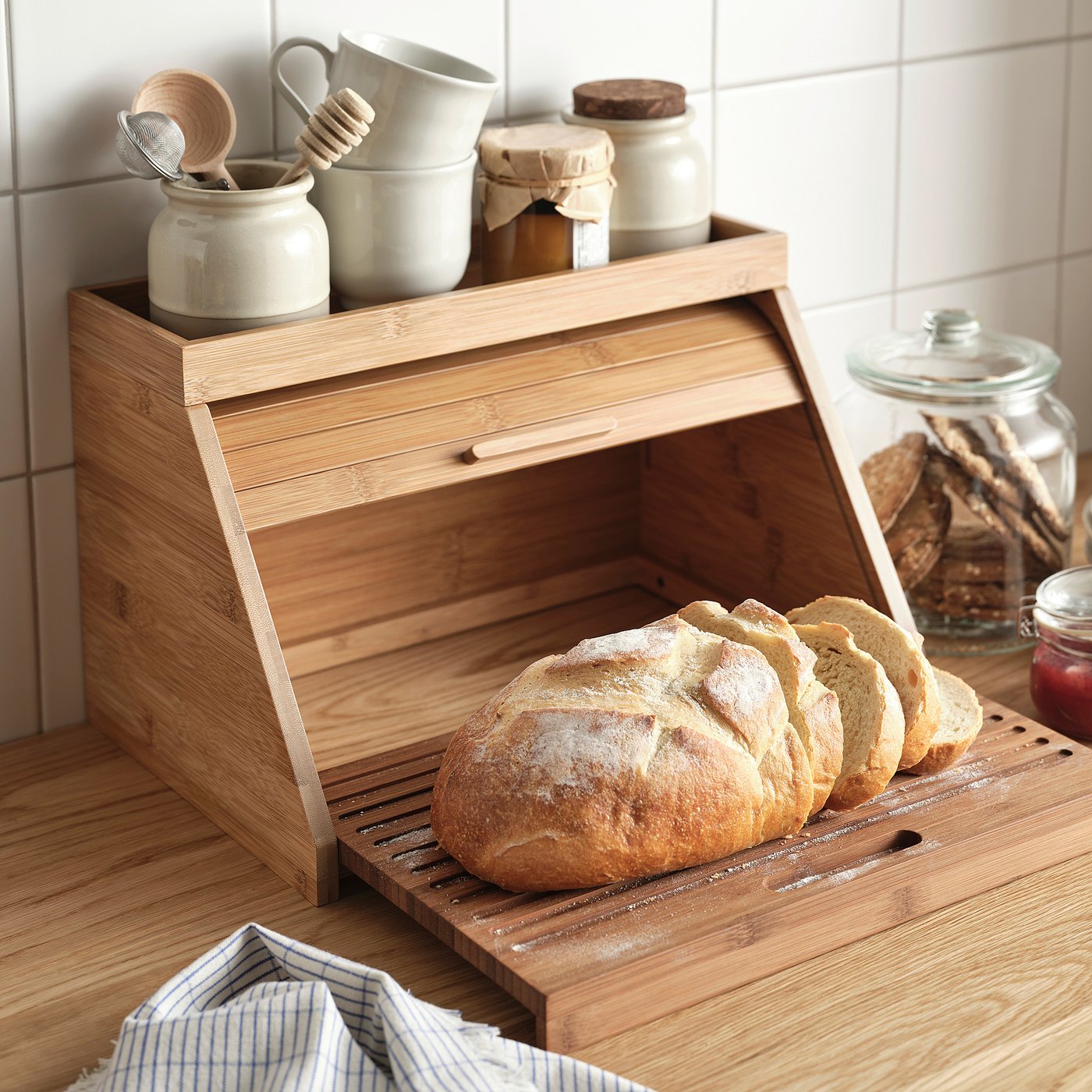 NÅLBLECKA bread bin, with cutting board and shelf/bamboo, 38x25x24 cm