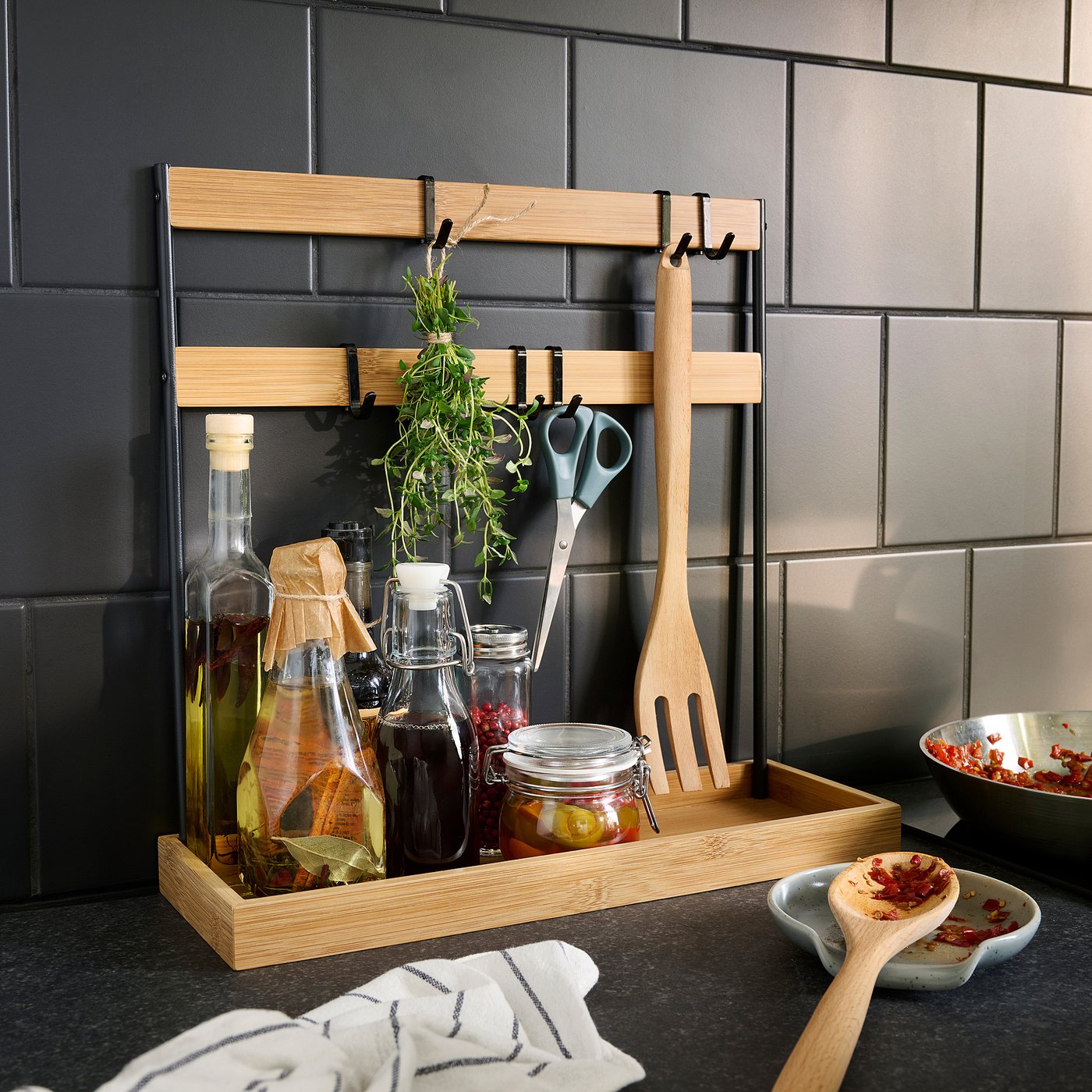 NÅLBLECKA utensil rack, metal/bamboo for kitchen countertop, 38x13x37 cm