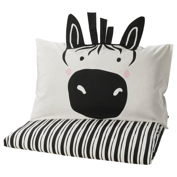 NATTHÄGER - NATTHÄGER Duvet cover and pillowcase, black white/zebra, 150x200/50x80 cm