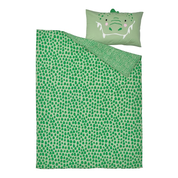 NATTHÄGER duvet cover and pillowcase, green/crocodile, 150x200/50x80 cm
