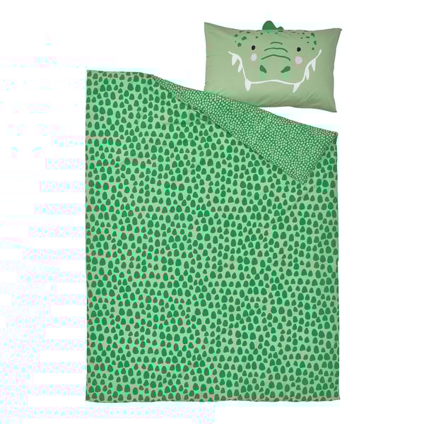 NATTHÄGER - NATTHÄGER Duvet cover and pillowcase, green/crocodile, 150x200/50x80 cm