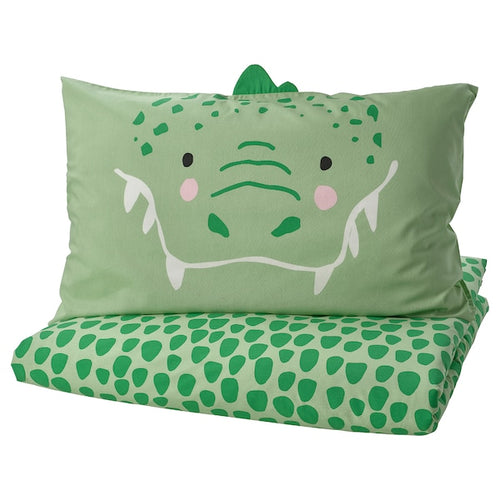 NATTHÄGER duvet cover and pillowcase, green/crocodile, 150x200/50x80 cm