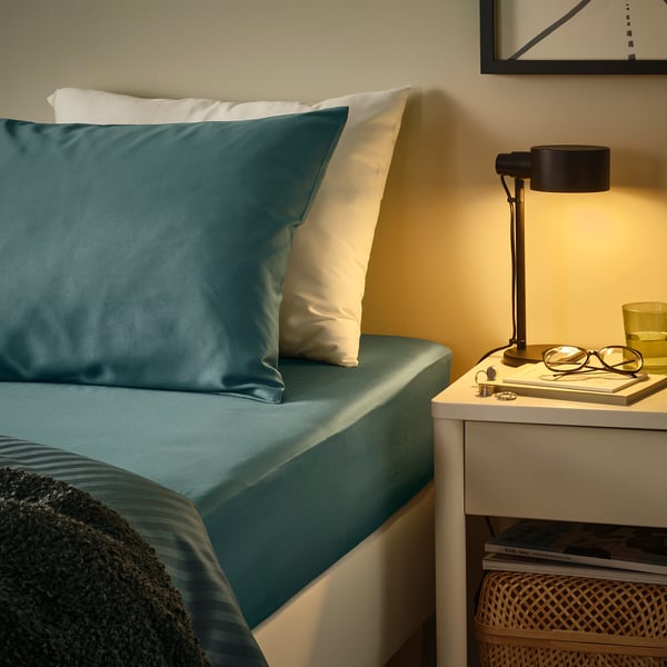 NATTJASMIN fitted sheet, blue-green, 90x200 cm