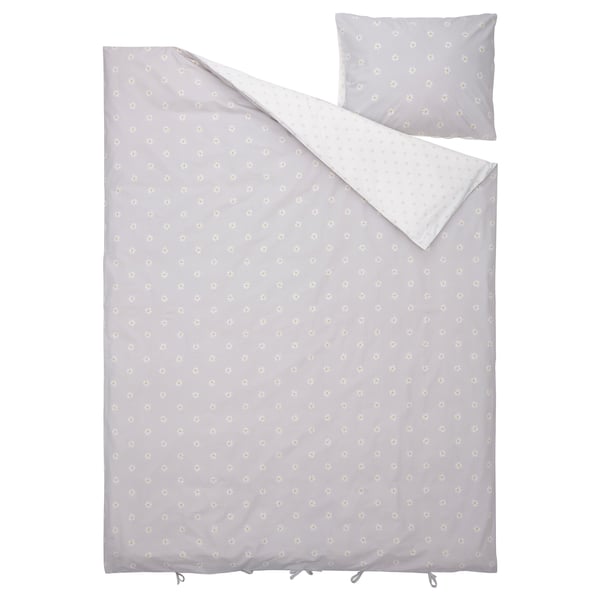 NATTSLÄNDA duvet cover and pillowcase, floral pattern grey/white, 150x200/50x80 cm