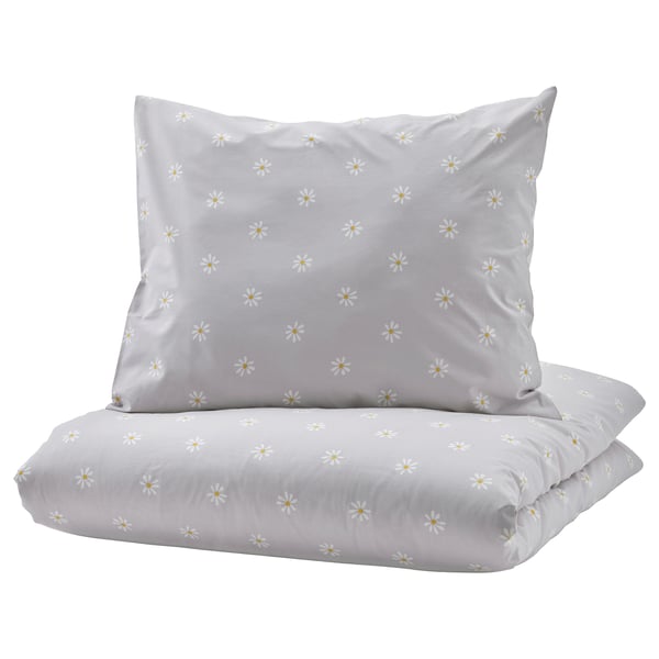 NATTSLÄNDA - NATTSLÄNDA Duvet cover and pillowcase, floral pattern grey/white, 150x200/50x80 cm