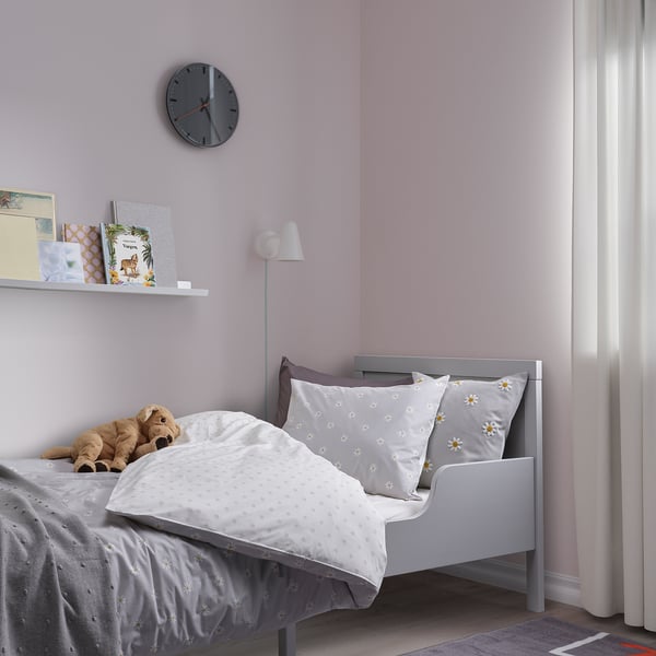 NATTSLÄNDA duvet cover and pillowcase, floral pattern grey/white, 150x200/50x80 cm