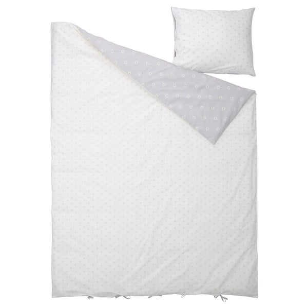 NATTSLÄNDA duvet cover and pillowcase, floral pattern grey/white, 150x200/50x80 cm