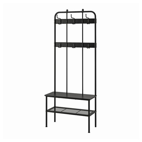 NIPÅSEN coat rack and bench w shoe storage, black, 190x35x79 cm