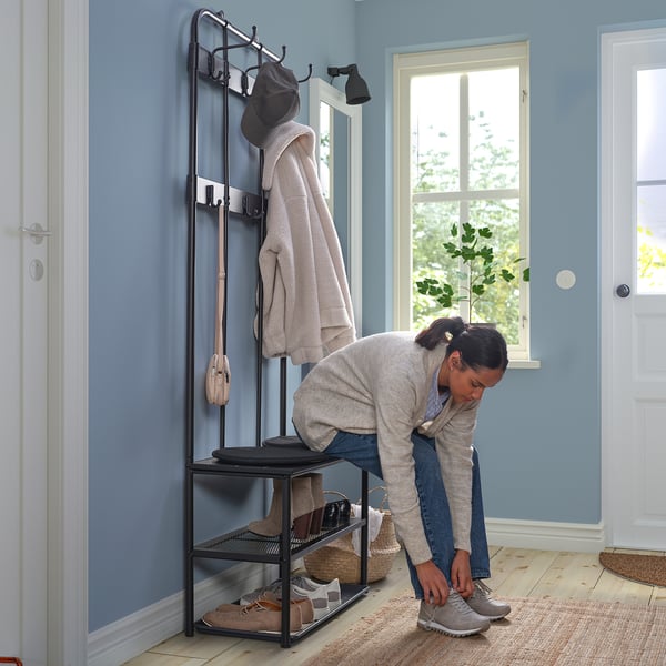 NIPÅSEN coat rack and bench w shoe storage, black, 190x35x79 cm