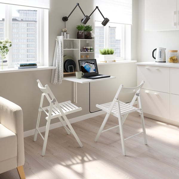 NORBERG wall-mount drop-leaf tbl w storage, white, 64x60 cm