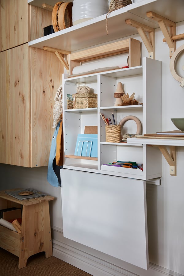 NORBERG wall-mount drop-leaf tbl w storage, white, 64x60 cm