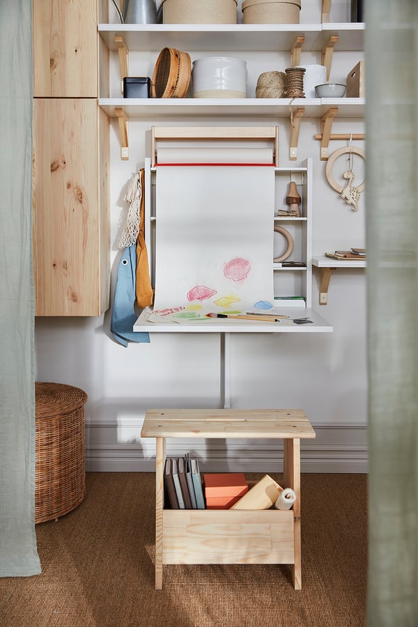NORBERG wall-mount drop-leaf tbl w storage, white, 64x60 cm