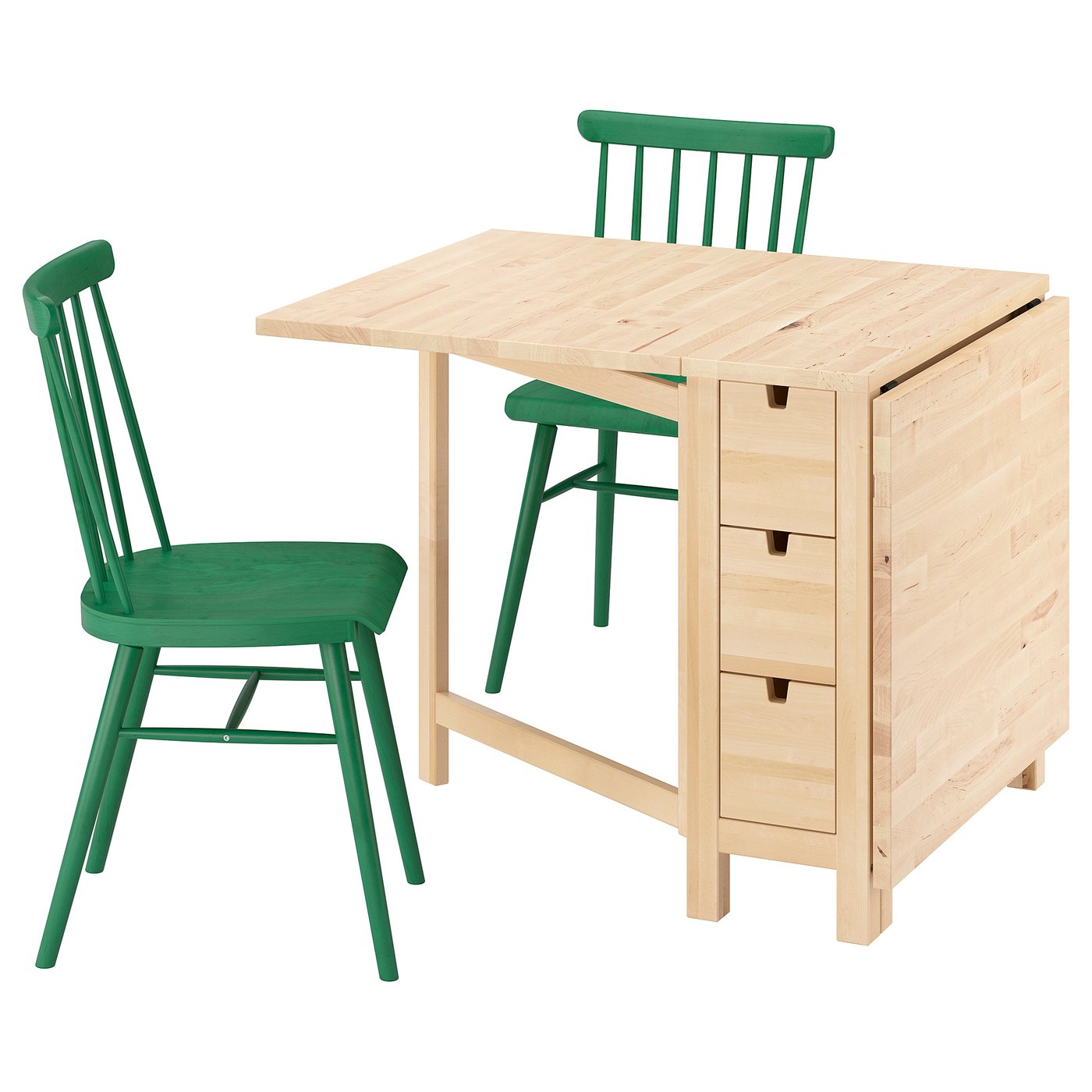 NORDEN / HÖGVED table and 2 chairs, birch/green, 26/89/152 cm