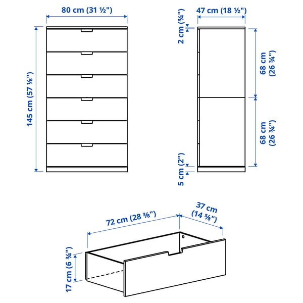 NORDLI chest of 6 drawers, white, 80x145 cm