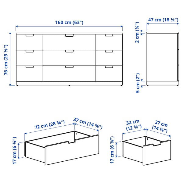 NORDLI chest of 9 drawers, white, 160x76 cm