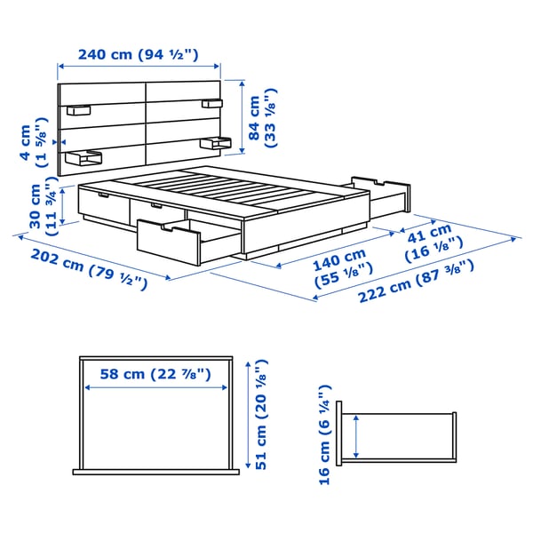 NORDLI bed frame w storage and headboard, white, 140x200 cm