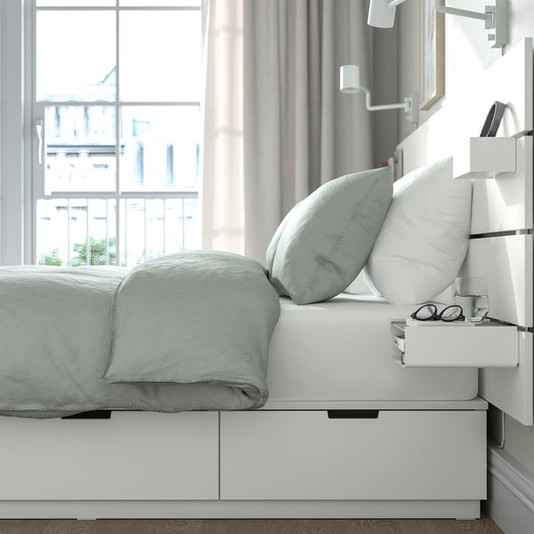 NORDLI bed frame with storage and mattress, with headboard white/Valevåg firm, 160x200 cm