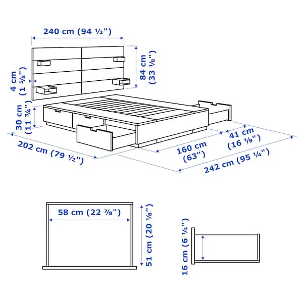 NORDLI - Bed frame w storage and headboard, white, 160x200 cm