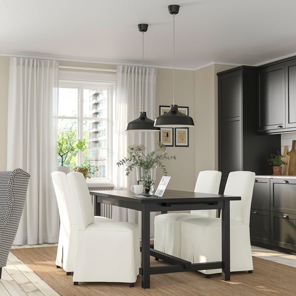 NORDVIKEN / BERGMUND table and 4 chairs, black/Inseros white/black, 152/223 cm