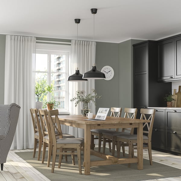 NORDVIKEN / INGOLF - Table and 6 chairs, mordant antique/grey-beige Nolhaga mordant antique,210/289 cm