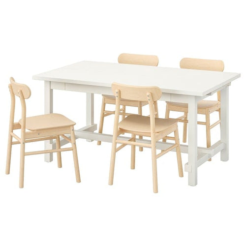 NORDVIKEN / RÖNNINGE table and 4 chairs, white/birch, 223x95 cm
