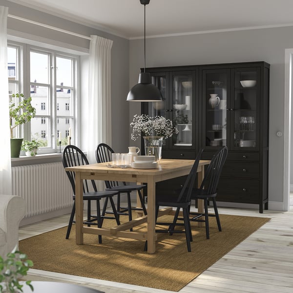 NORDVIKEN / SKOGSTA table and 4 chairs, antique stain/black, 152/223 cm