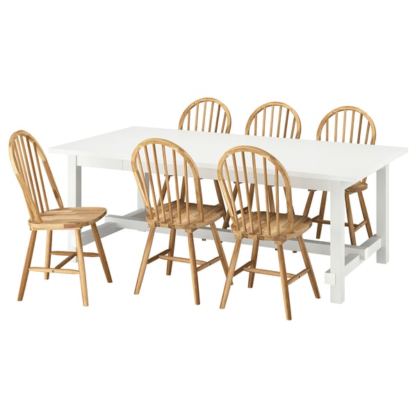 NORDVIKEN / SKOGSTA table and 6 chairs, white/acacia, 210/289 cm