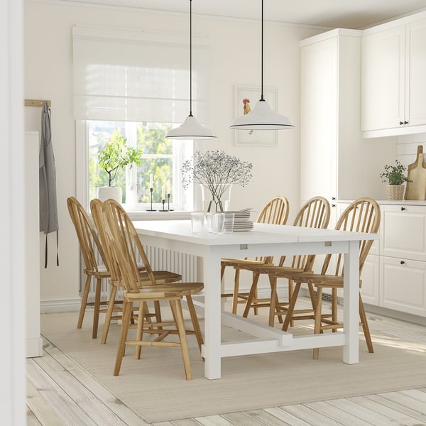 NORDVIKEN / SKOGSTA table and 6 chairs, white/acacia, 210/289 cm