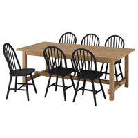 NORDVIKEN / SKOGSTA table and 6 chairs, antique stain/black, 210/289 cm