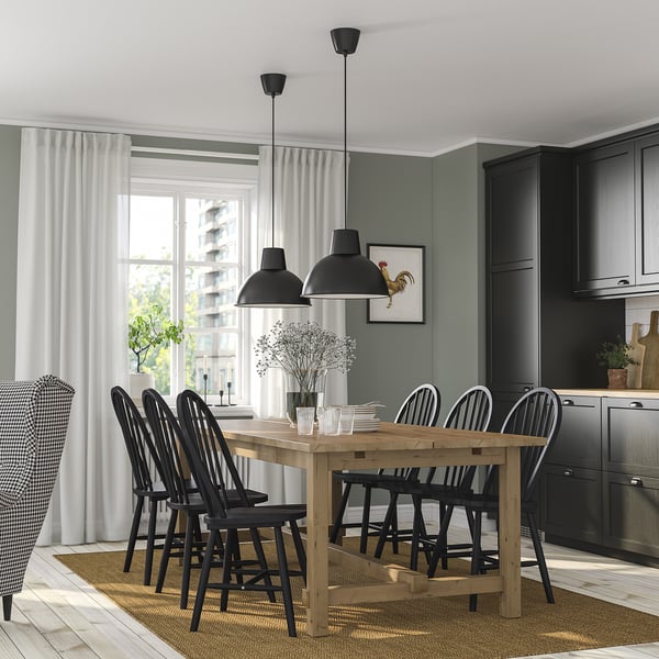 NORDVIKEN / SKOGSTA table and 6 chairs, antique stain/black, 210/289 cm