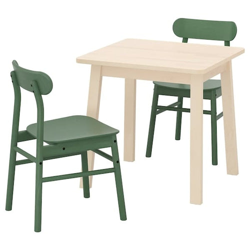 NORRÅKER / RÖNNINGE table and 2 chairs, birch/green, 74x74 cm