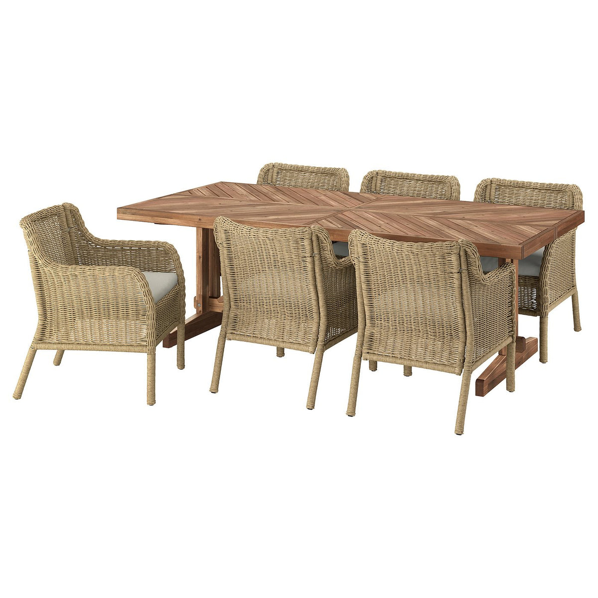 NORRMANSÖ / ULVEVÄR table and 6 armchairs, acacia/plastic rattan brown Frösön/Duvholmen beige, 220x100 cm