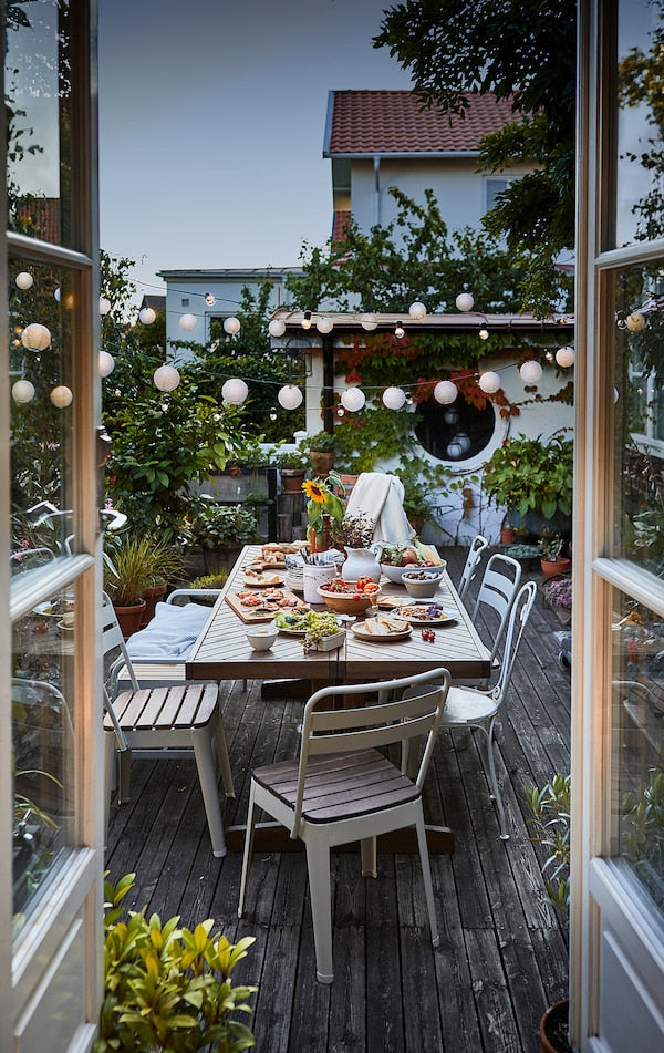 NORRMANSÖ / VASSHOLMEN - Table+6 chairs, outdoor, acacia/black white, 220x100 cm