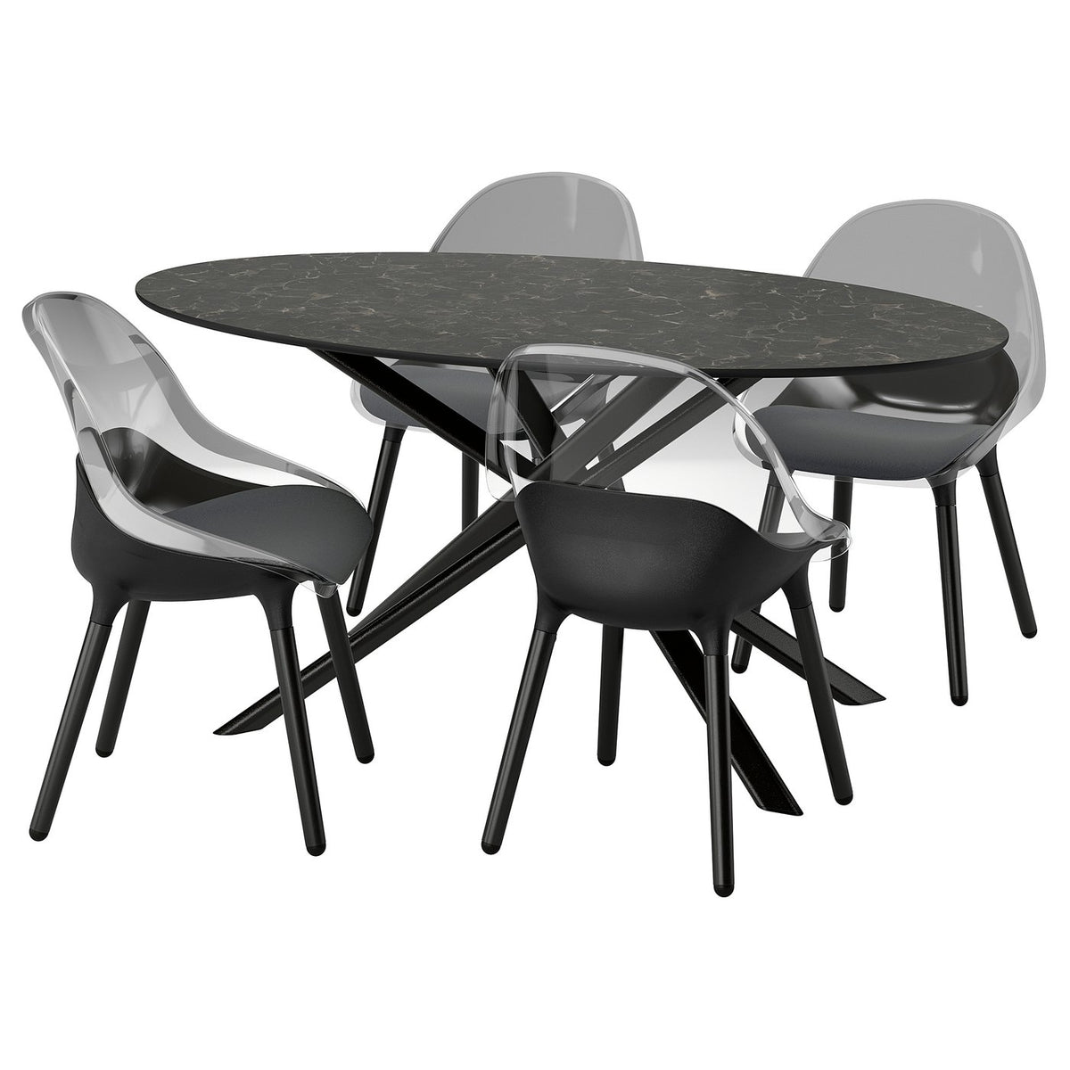 NORRMJÖLE / BALTSAR table and 4 chairs, black marble effect/black, 170 cm